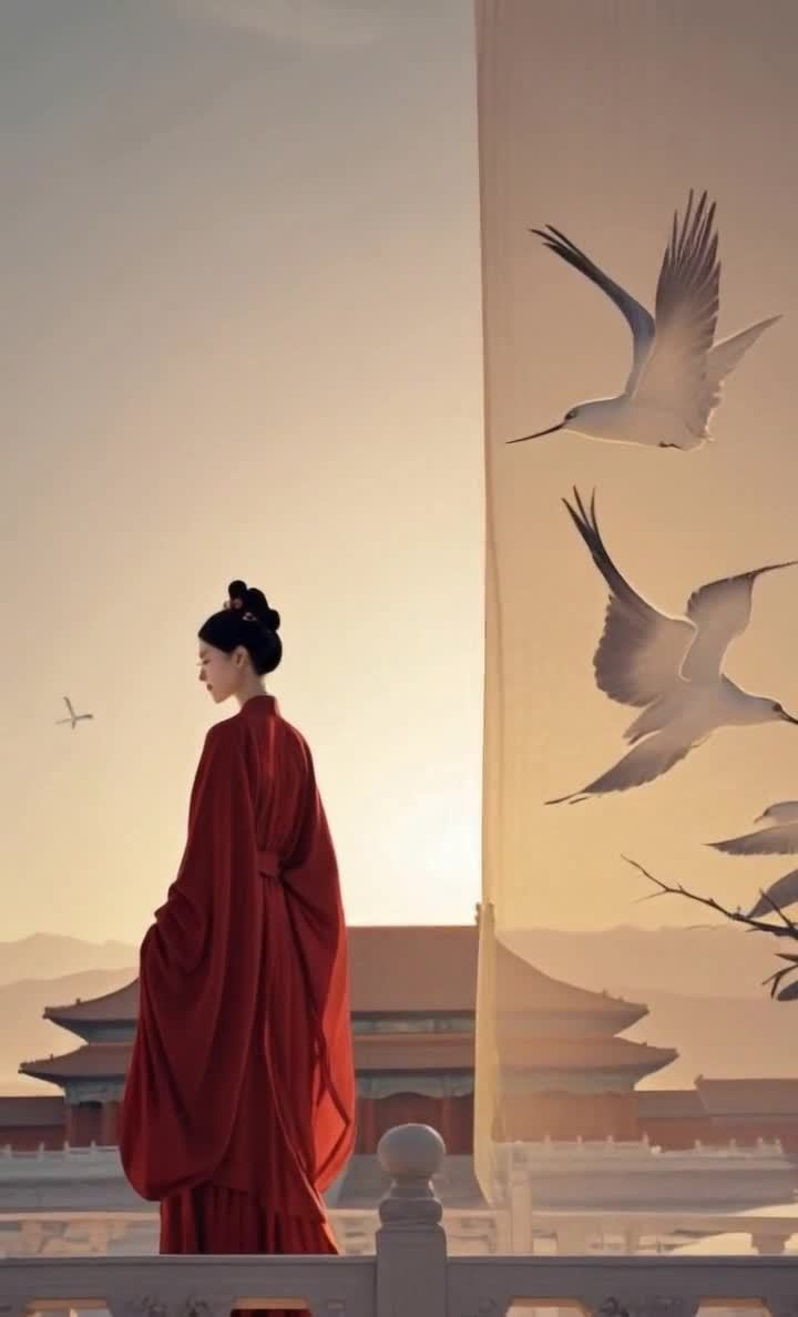 一位身着红色汉服的女子站在带有白色围栏的露台上。女