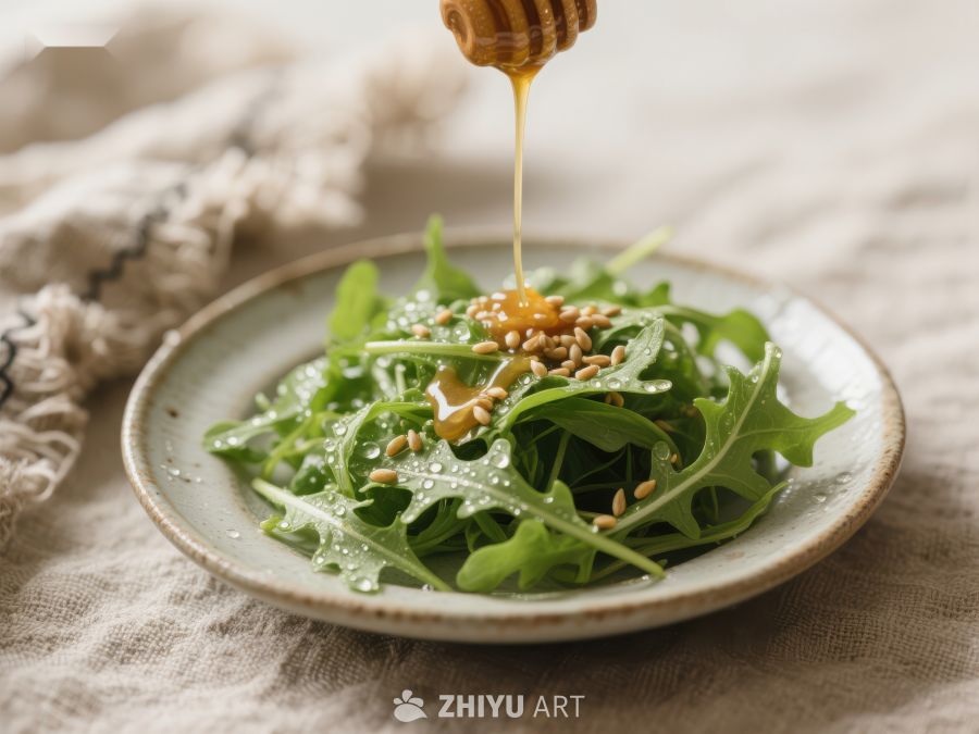 蜂蜜淋洒在芝麻点缀的绿叶沙拉上 153