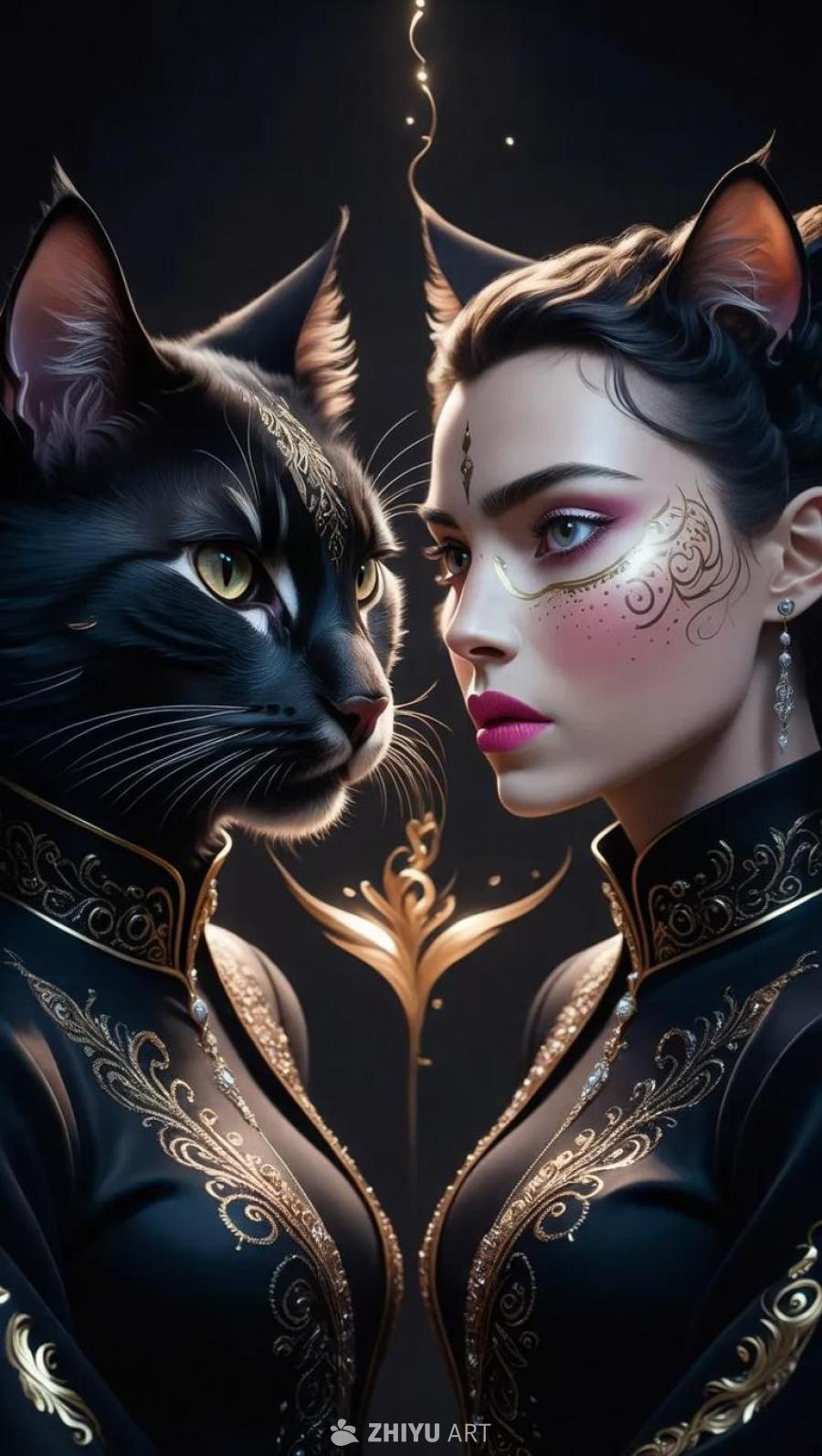 一个猫脸和一个人的脸并排站立的特写照片。猫是黑色的