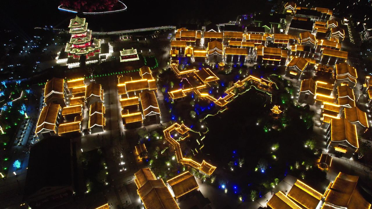 河北沧州南川楼夜景灯光航拍