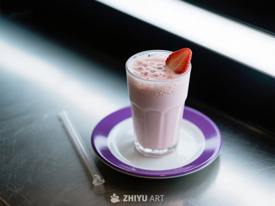 草莓奶昔配吸管，置于紫色碟上
