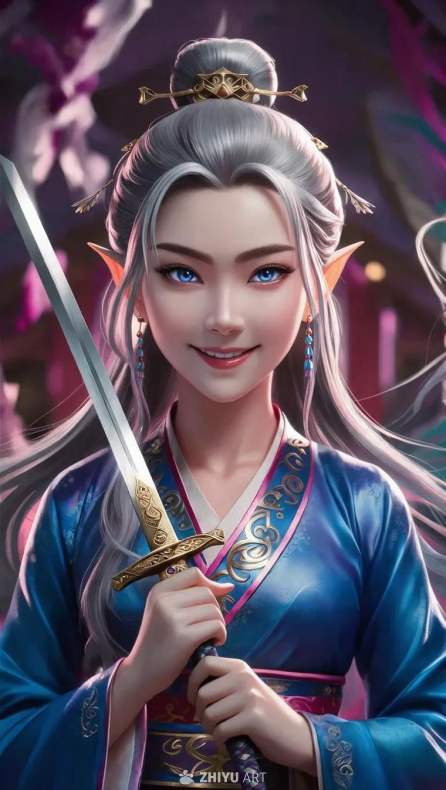 一位身穿蓝色传统服饰的女子站立着，她有着银色的头发