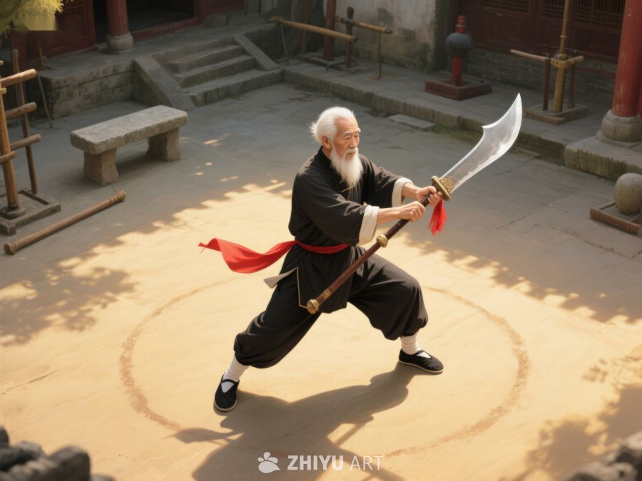 武术大师挥剑，庭院中展现武艺 799