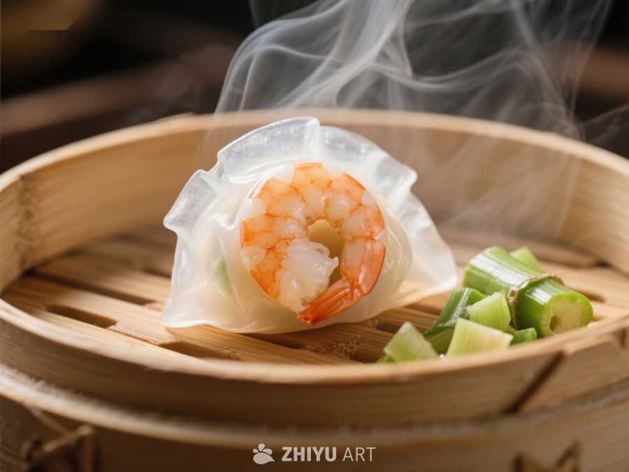 蒸笼中的鲜虾饺与青菜 866