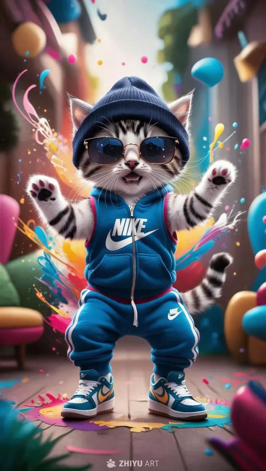 一只穿着蓝色Nike运动套装的白色小猫，戴着墨镜和