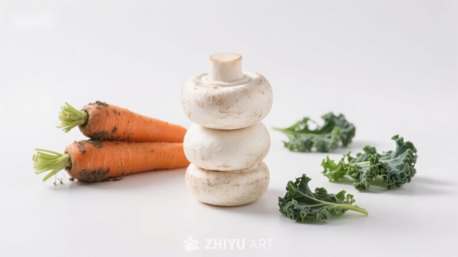 胡萝卜、蘑菇与羽衣甘蓝静物