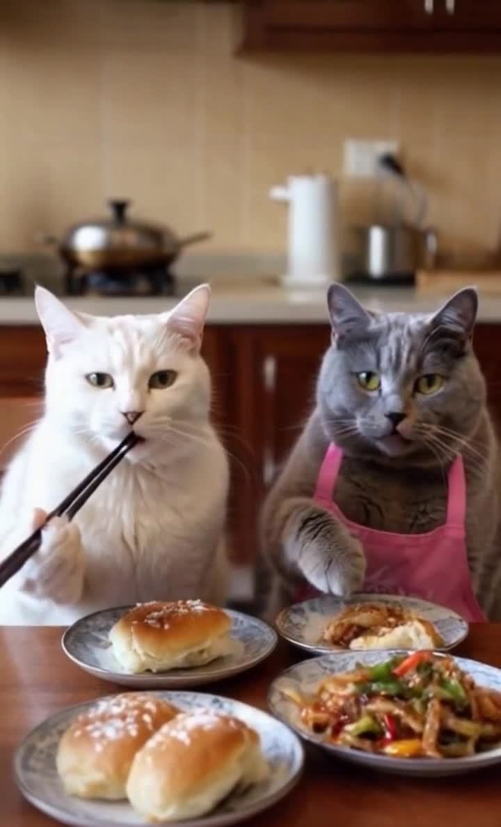猫咪厨艺大比拼：筷子美食，包子炒菜丰盛