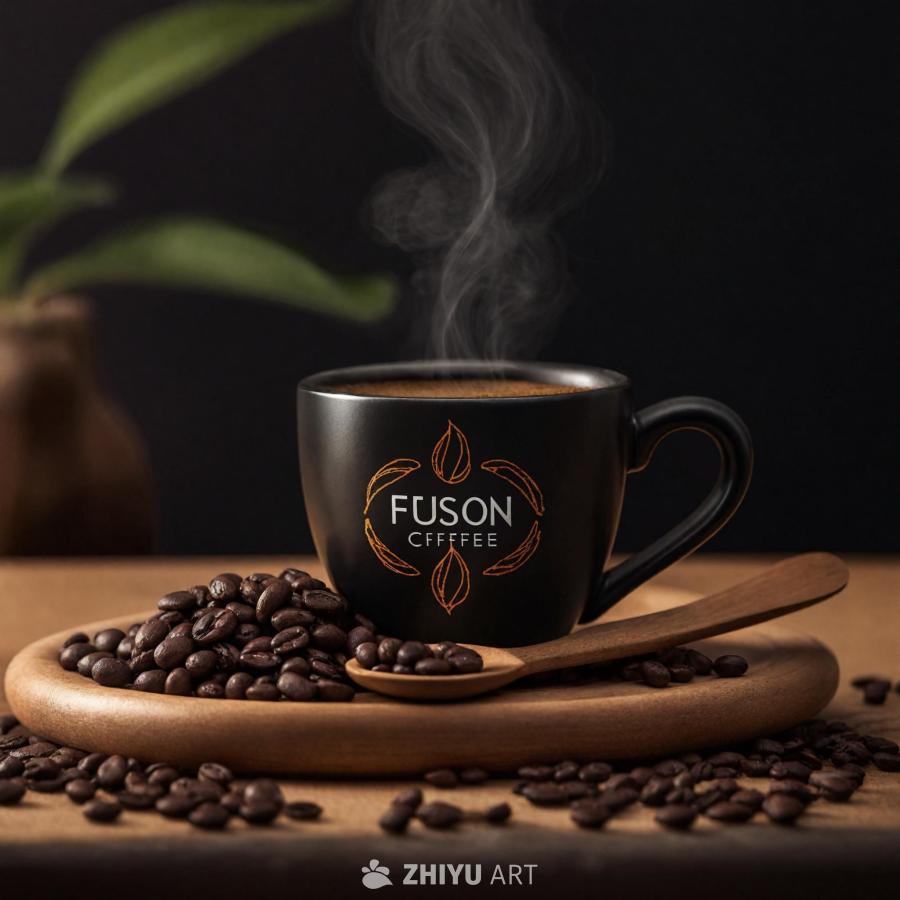 一只黑色的咖啡杯置于木桌上，杯中放着一把勺子。杯子