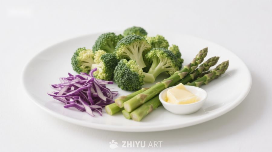 盘中蔬菜与酱料组合