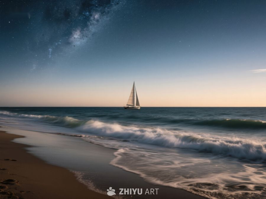 夜幕下的帆船与海滩 482