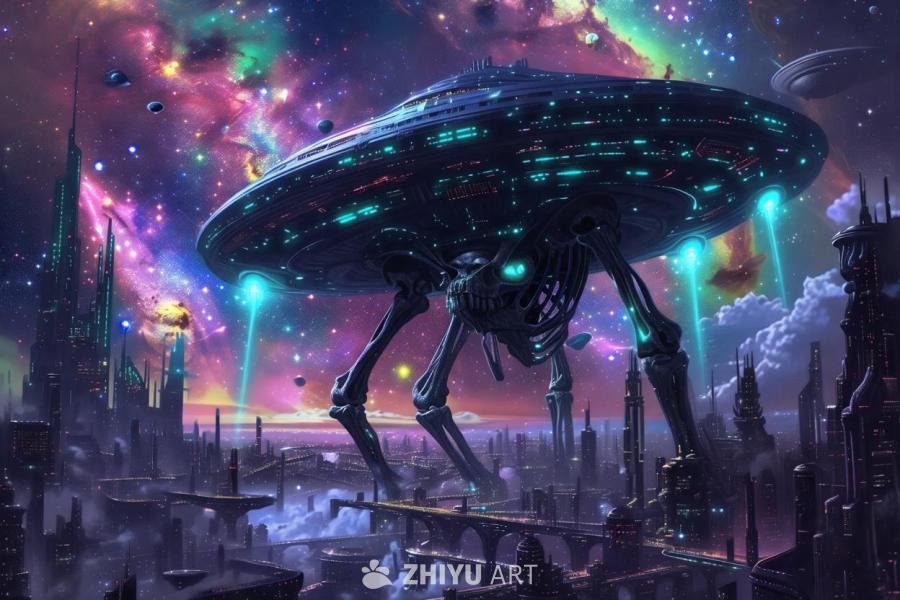 巨大的骨骼结构漂浮在太空中，骨骼支撑着一个碟形建筑