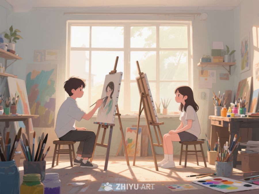 室内艺术创作：两人专注绘画 649