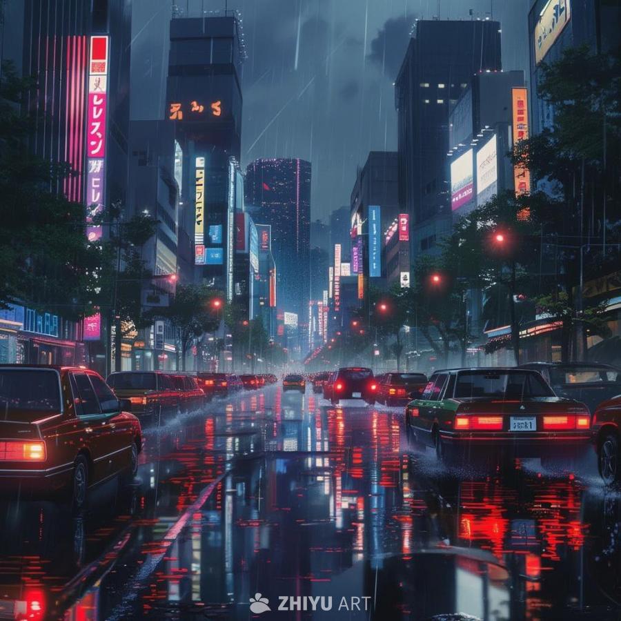 雨中的城市街道，街道两侧林立着高楼大厦，楼体上布满