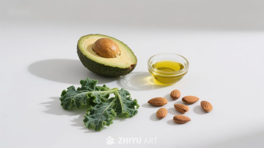 牛油果坚果与绿叶蔬菜