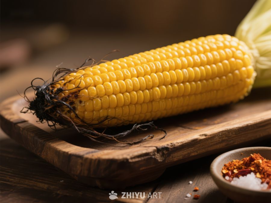 新鲜玉米置于木质砧板之上 814