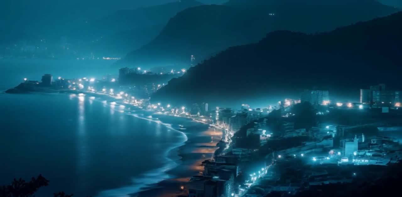 夜幕下，城市沿海而建，灯光闪烁，与海面上的光影交相