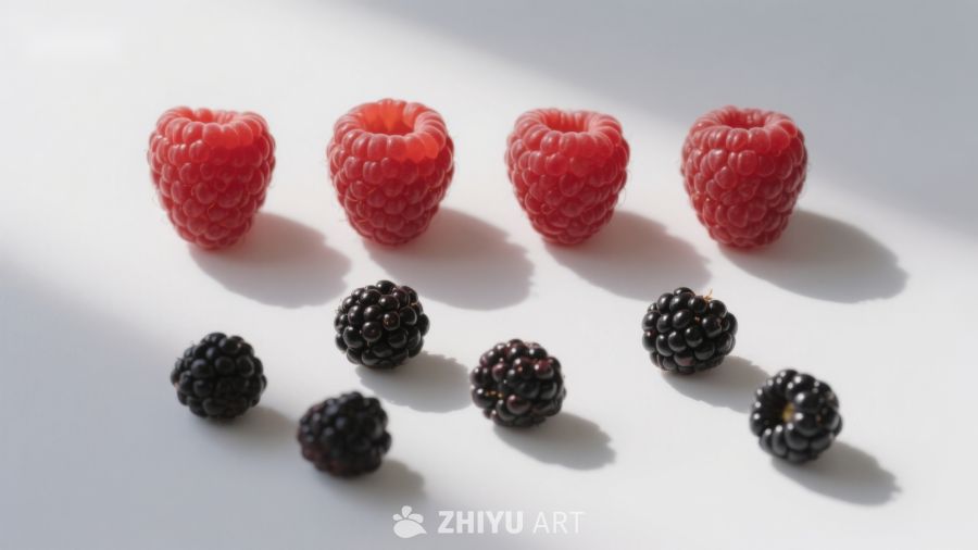 新鲜覆盆子与黑莓的对比展示