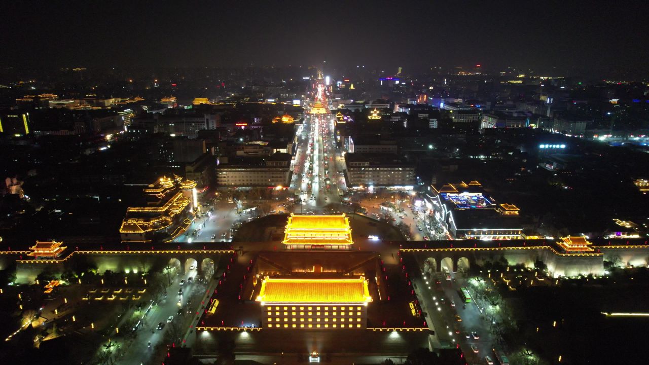  西安永宁门夜景灯光航拍