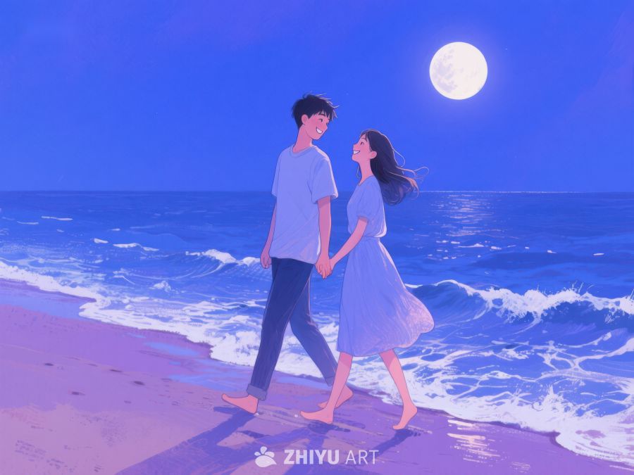 月下情侣海边漫步 1220