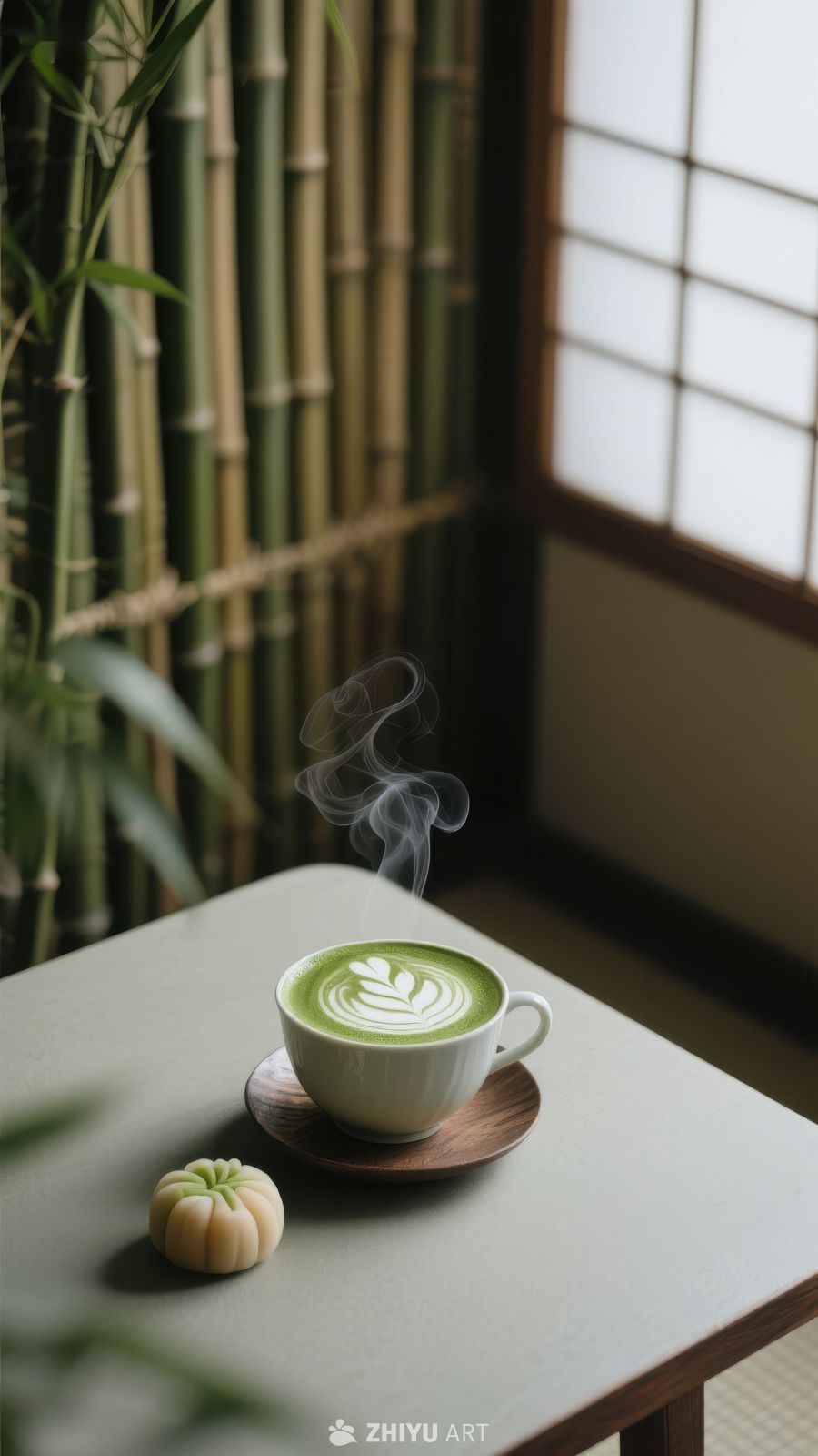 热气腾腾的抹茶与竹林背景