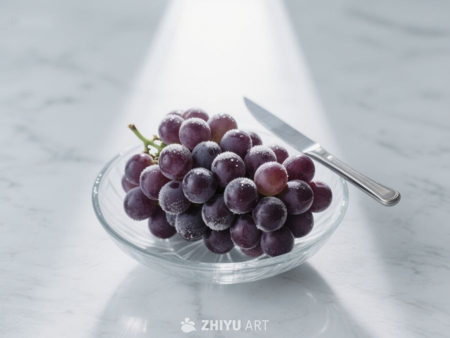 玻璃碗中的紫葡萄与刀具 17