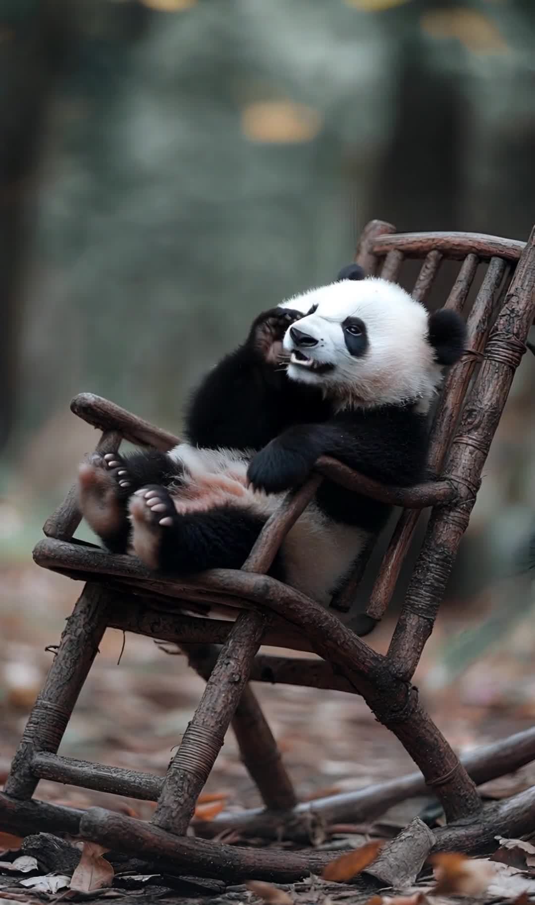 悠闲熊猫坐摇椅，惬意享受森林时光