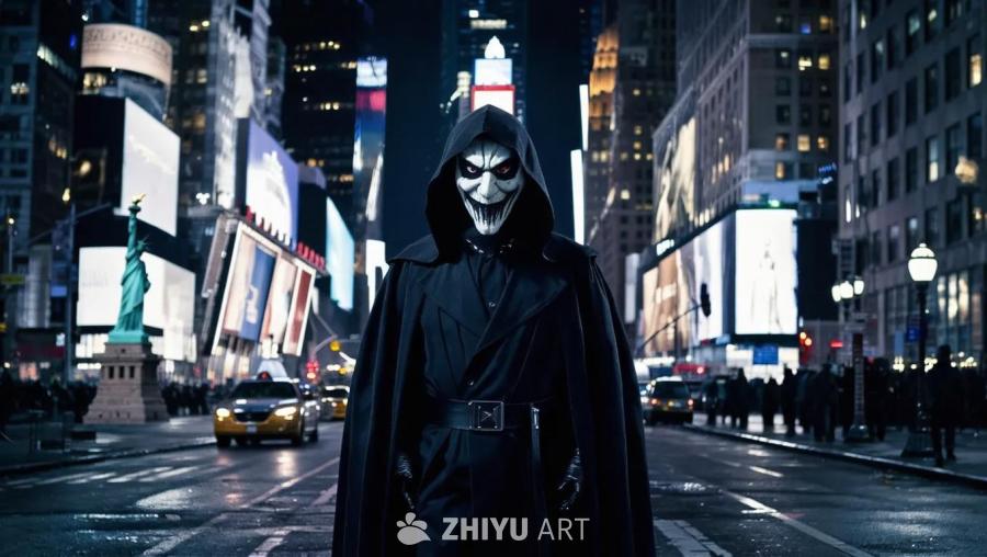 一个人戴着可怕的黑色面具，穿着黑色外套，站在纽约市