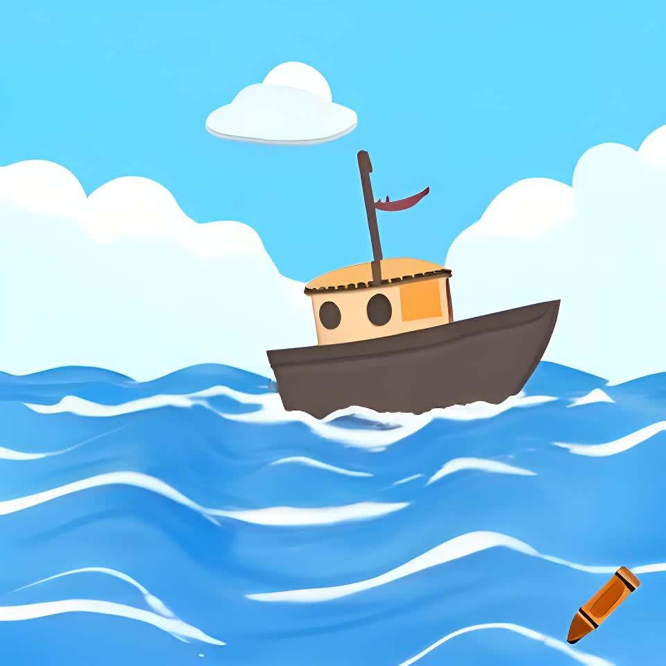 海面上波浪起伏，一艘棕色船体，顶部是浅棕色的船在航