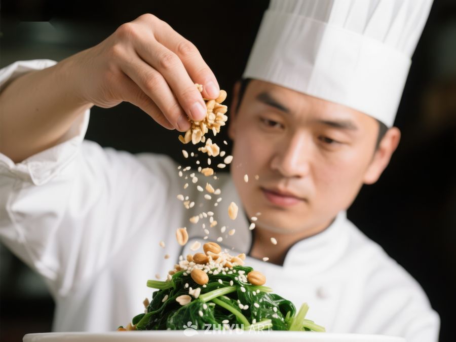 厨师精心撒料，装点绿色菜肴 81