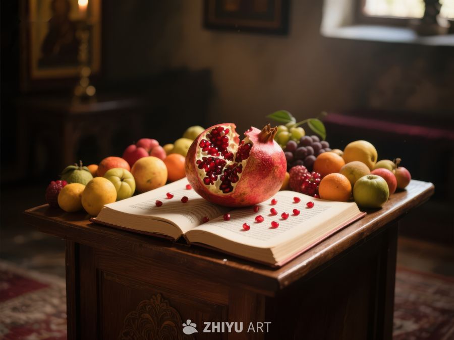 书上石榴与水果的静物布置 568