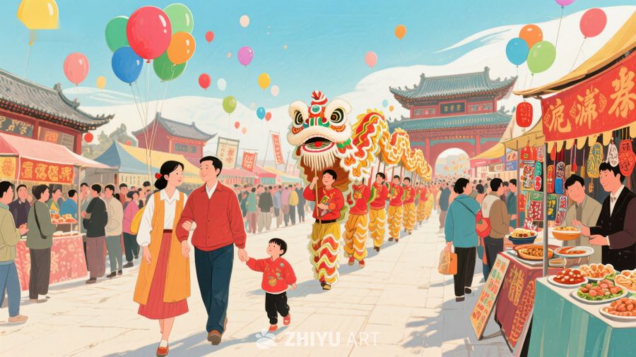热闹春节集市与舞龙表演 758