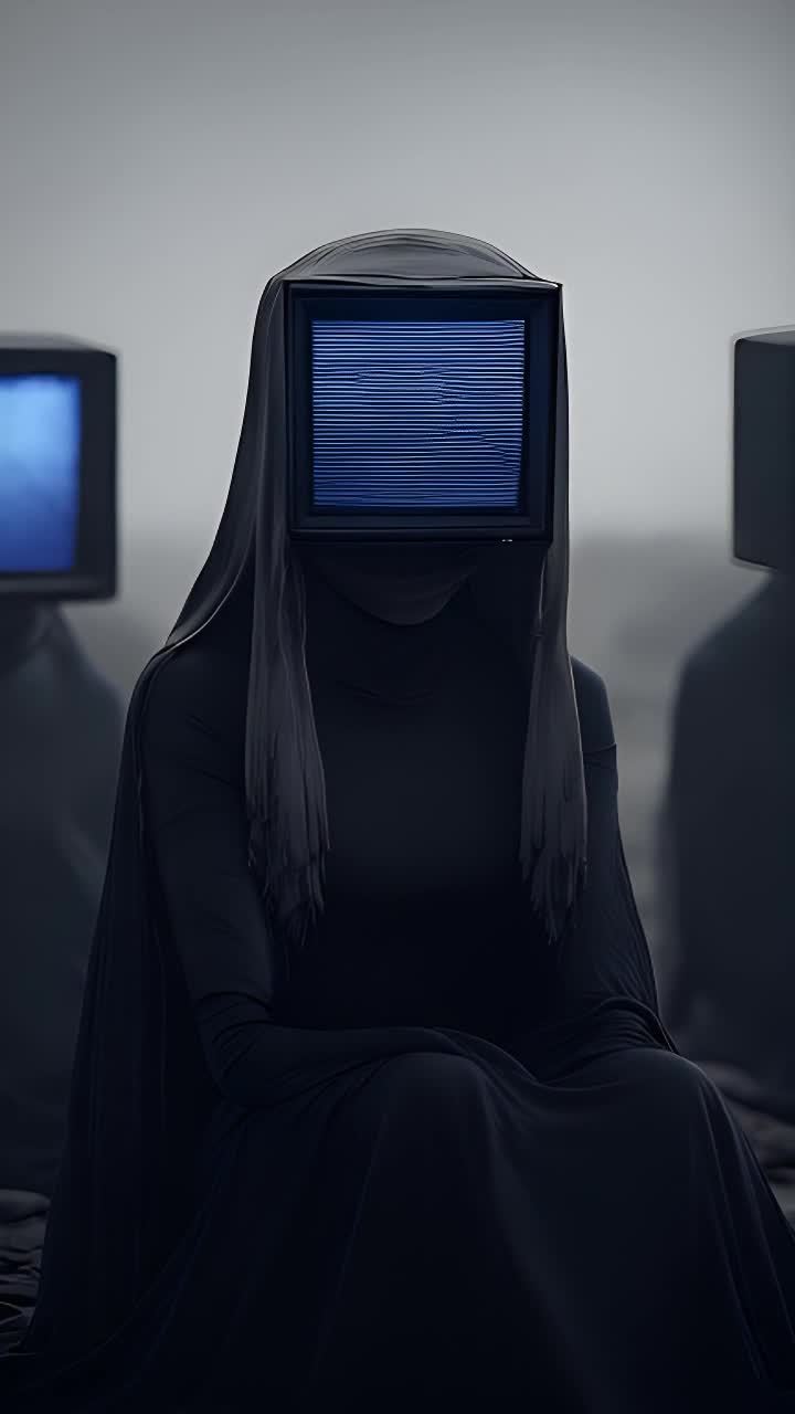 一位身穿深色长袍的女性坐着，她的脸被一个显示静态蓝