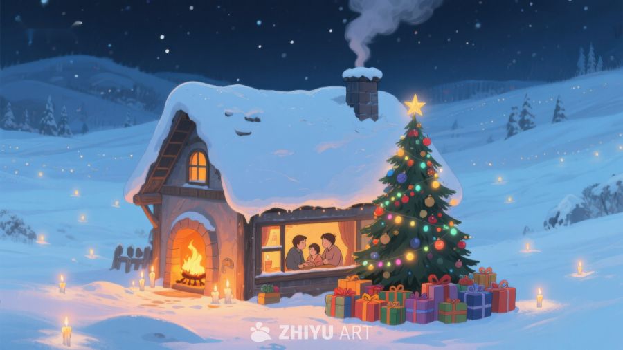 雪夜小屋与圣诞树 335