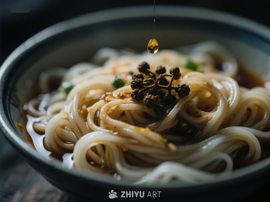 热腾腾的面条配香料和油滴 1324