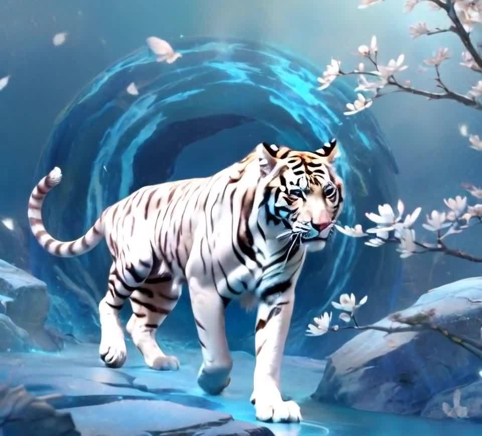 蓝色背景下白色老虎与花鸟共舞