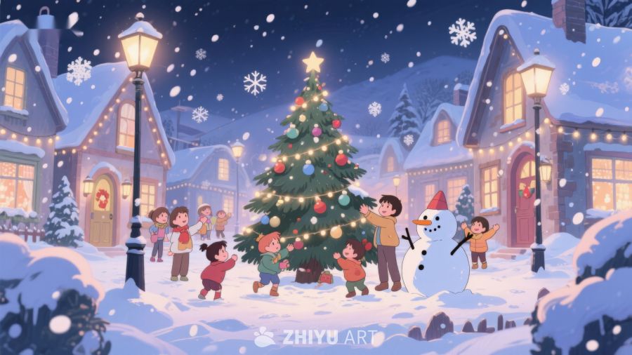 冬夜雪景中的圣诞树与欢庆儿童 116