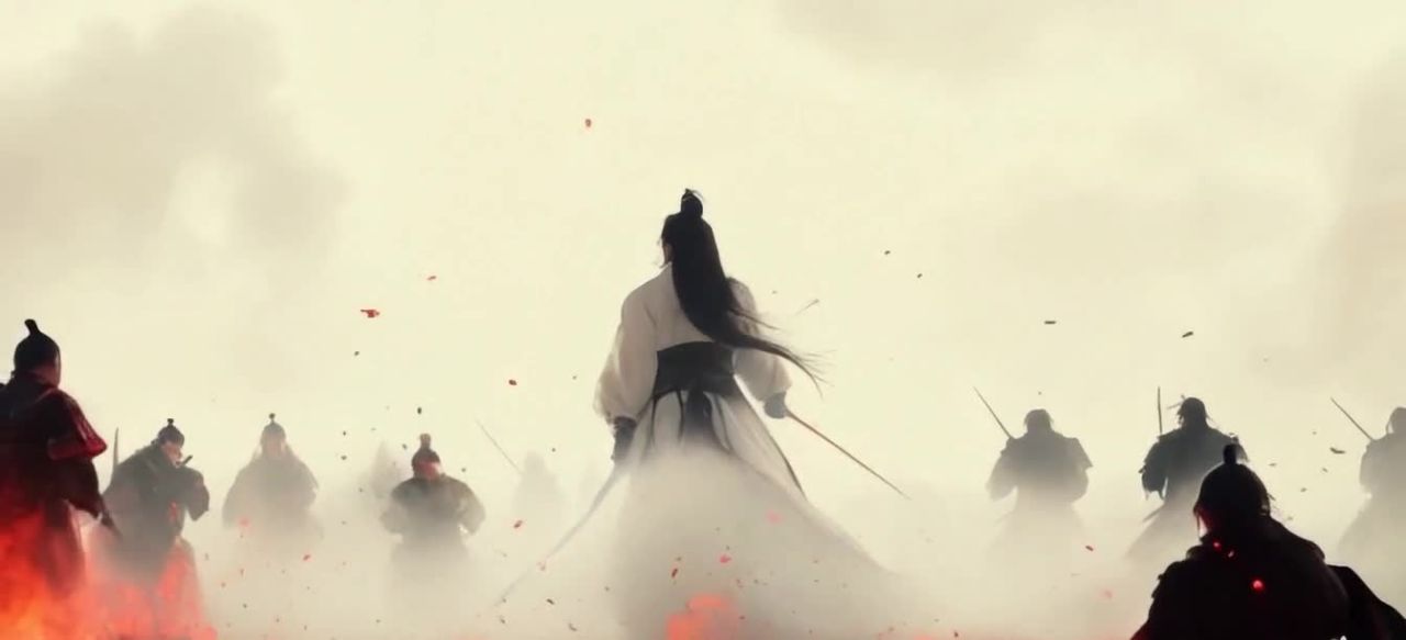 画面描绘了一场刀剑交锋的战斗场景。一位身着白色长袍