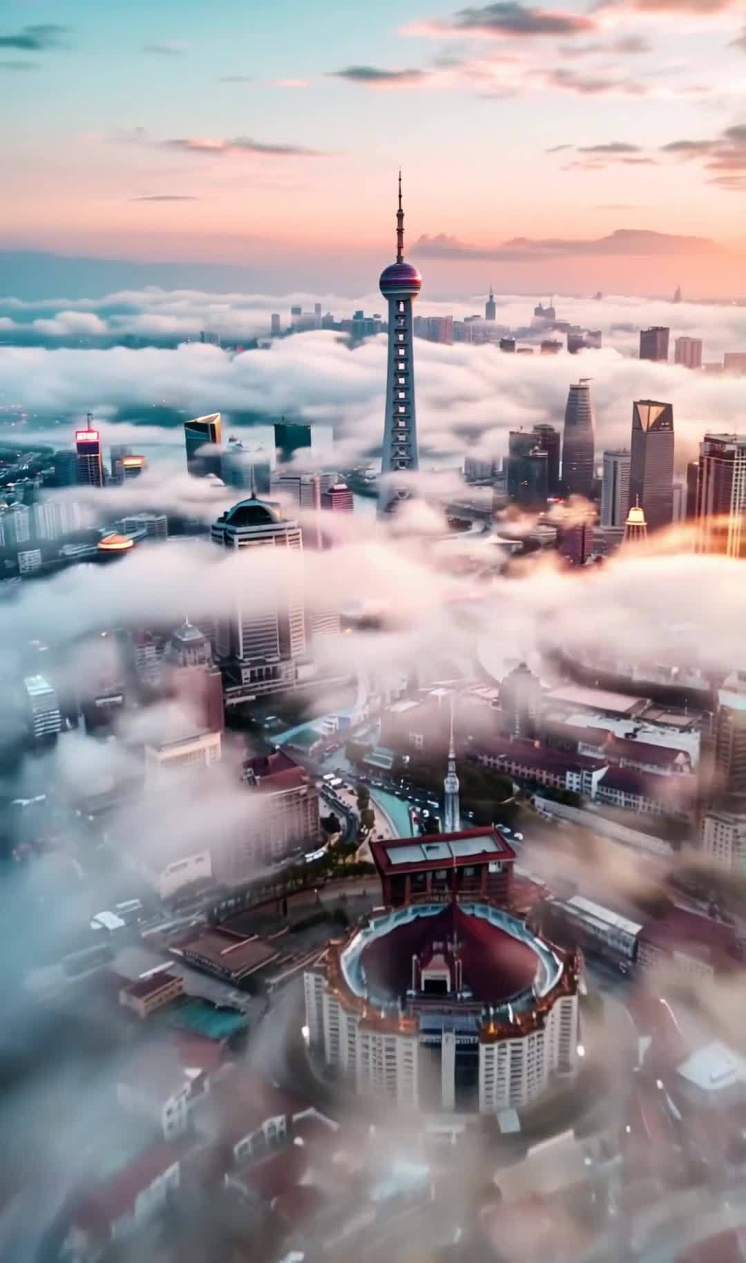 镜头从空中快速飞跃，穿透薄云，拍摄到中国上海的城市
