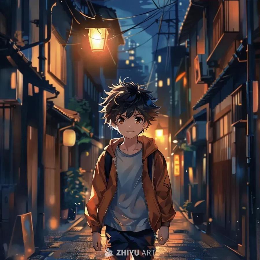 一个动漫男孩走在黑暗的街道上，街灯照亮了他的脸，他