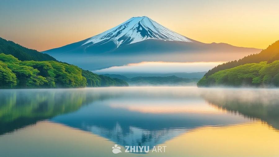 白雪皑皑的山峰位于画面中心，山峰下方有云雾缭绕。山