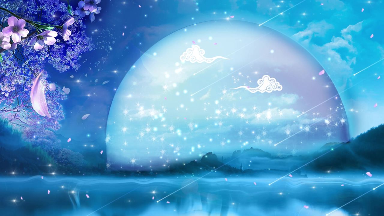 唯美大海上升月亮白月光蓝色夜空圆月明月大屏幕舞台LED视频  121