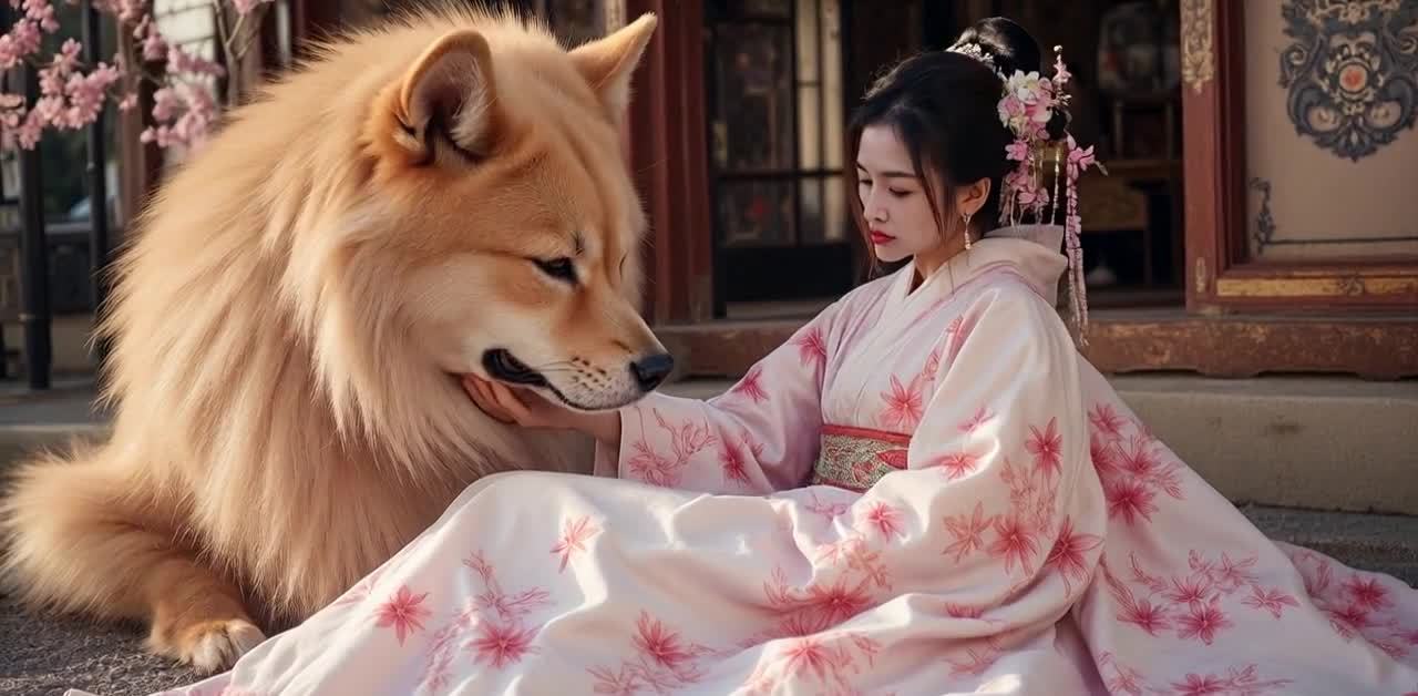一位身着粉色印花和服的年轻女子坐在户外台阶上，其头