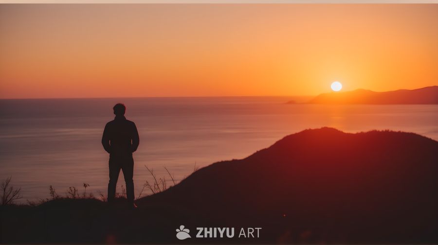 一个人站在夕阳的海边