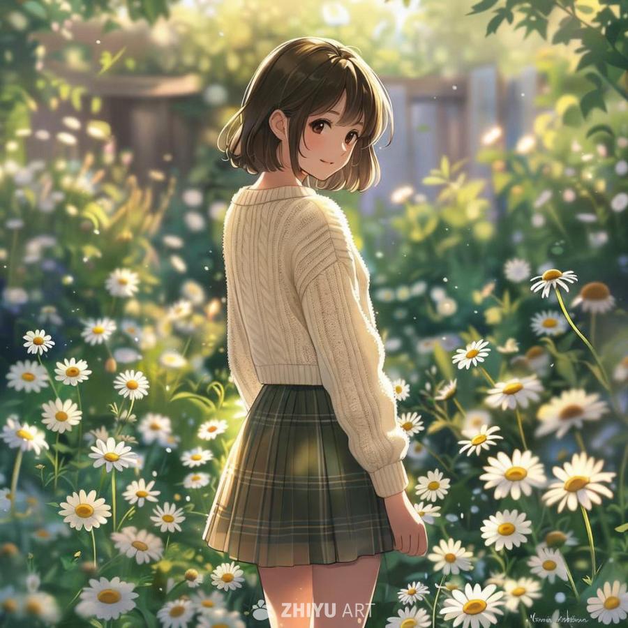 一个穿着白色毛衣和格子长裙的少女站在一个开满雏菊花
