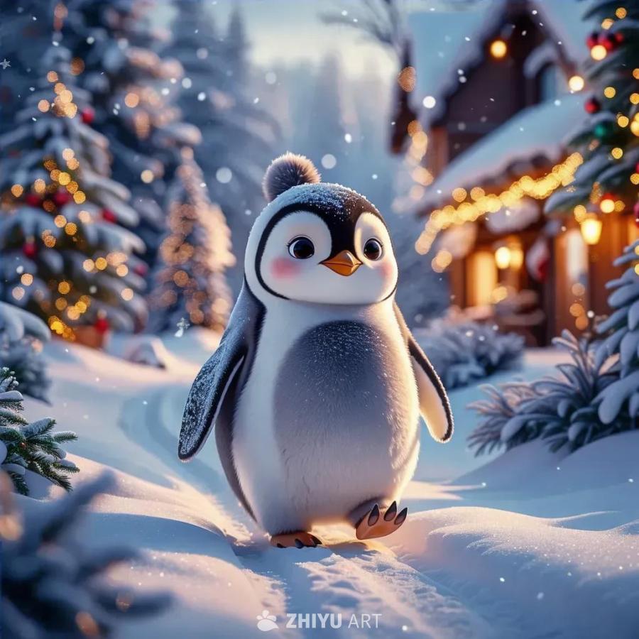 一只卡通风格的小企鹅走在雪地里。企鹅全身是白色和灰