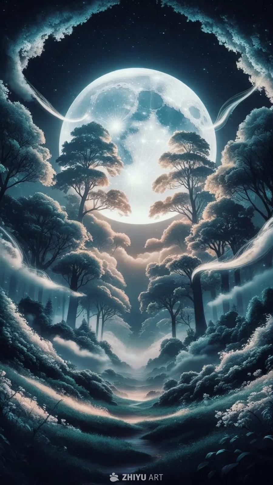 一轮巨大的月亮悬挂在夜空中，周围环绕着星星。月亮发