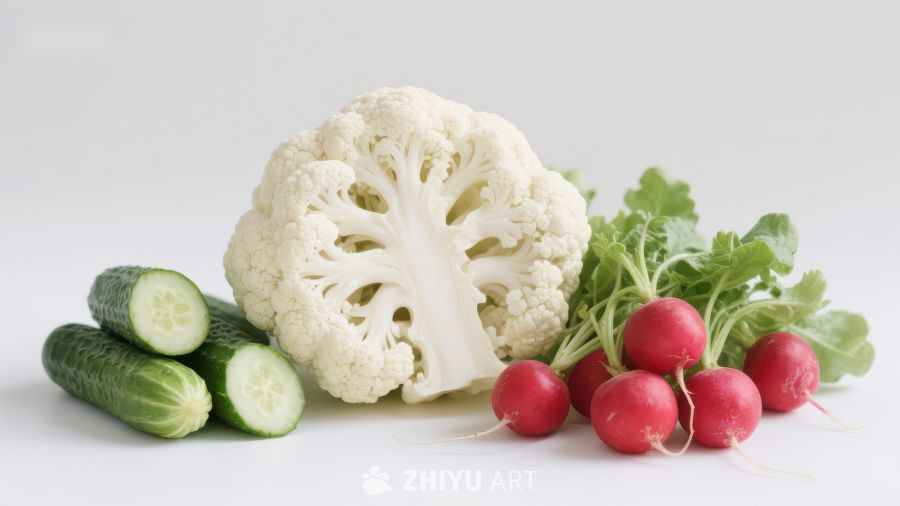 新鲜蔬菜组合：花椰菜、黄瓜与樱桃萝卜