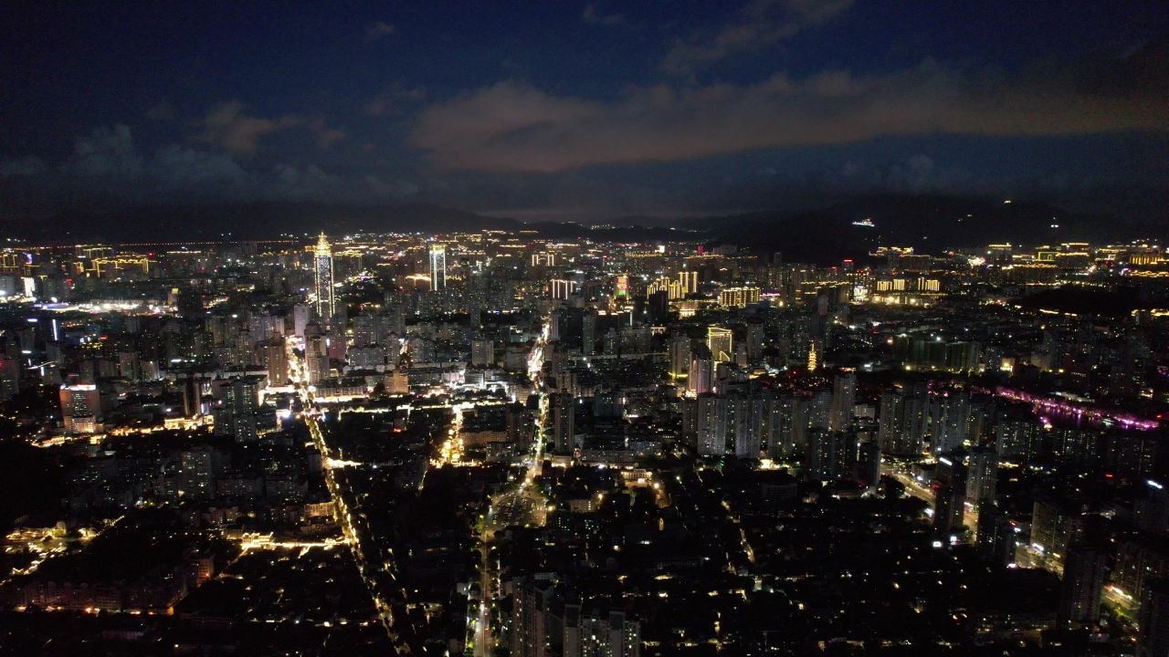 浙江温州城市夜幕降临夜景灯光航拍 