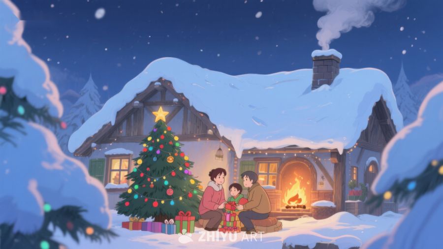 冬夜温馨家庭圣诞树前欢聚 72