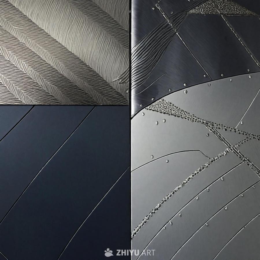 金属壁纸墙的特写镜头，展示了壁纸错综复杂、细节丰富
